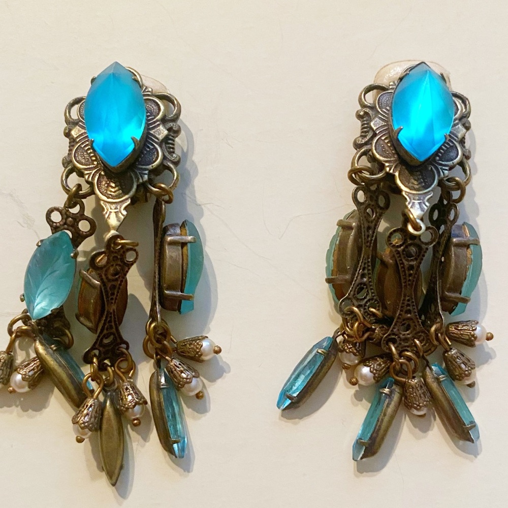 Blue clip on chandelier earrings